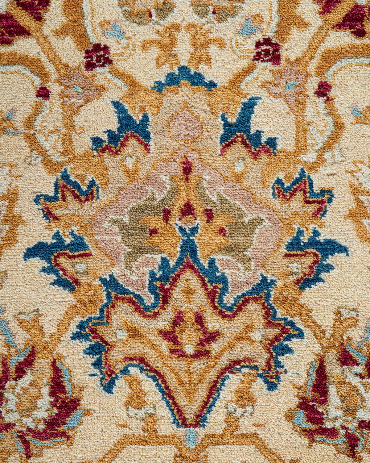 Pakistani One of a Kind Hand Knotted Traditional Oriental Mogul Ivory Area Rug For Sale