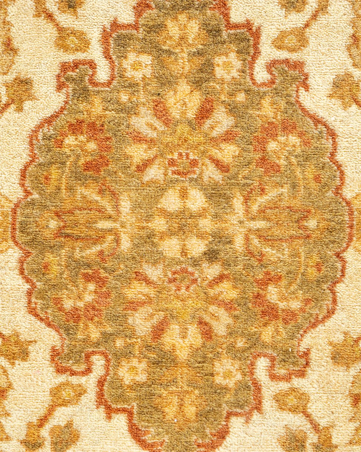 Pakistani One of a Kind Hand Knotted Traditional Oriental Mogul Ivory Area Rug For Sale