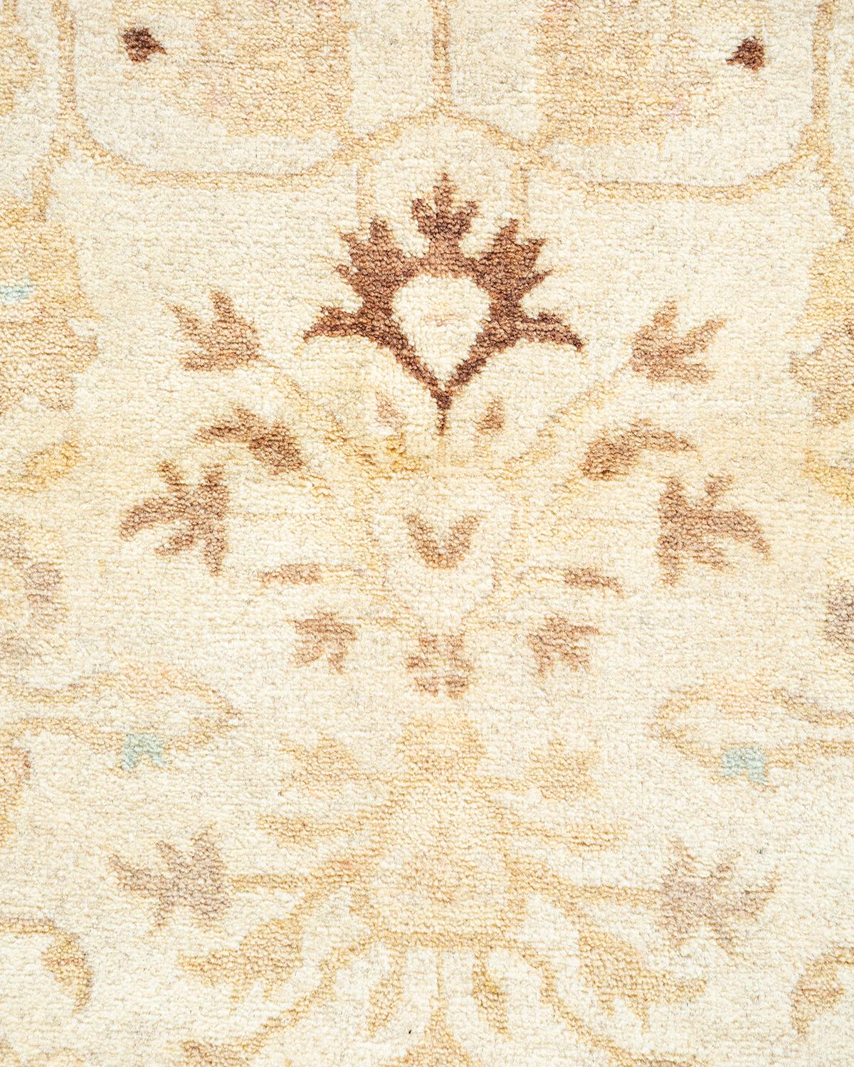 Pakistani One of a Kind Hand Knotted Traditional Oriental Mogul Ivory Area Rug