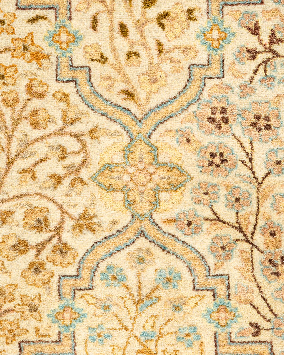 Pakistani One of a Kind Hand Knotted Traditional Oriental Mogul Ivory Area Rug For Sale
