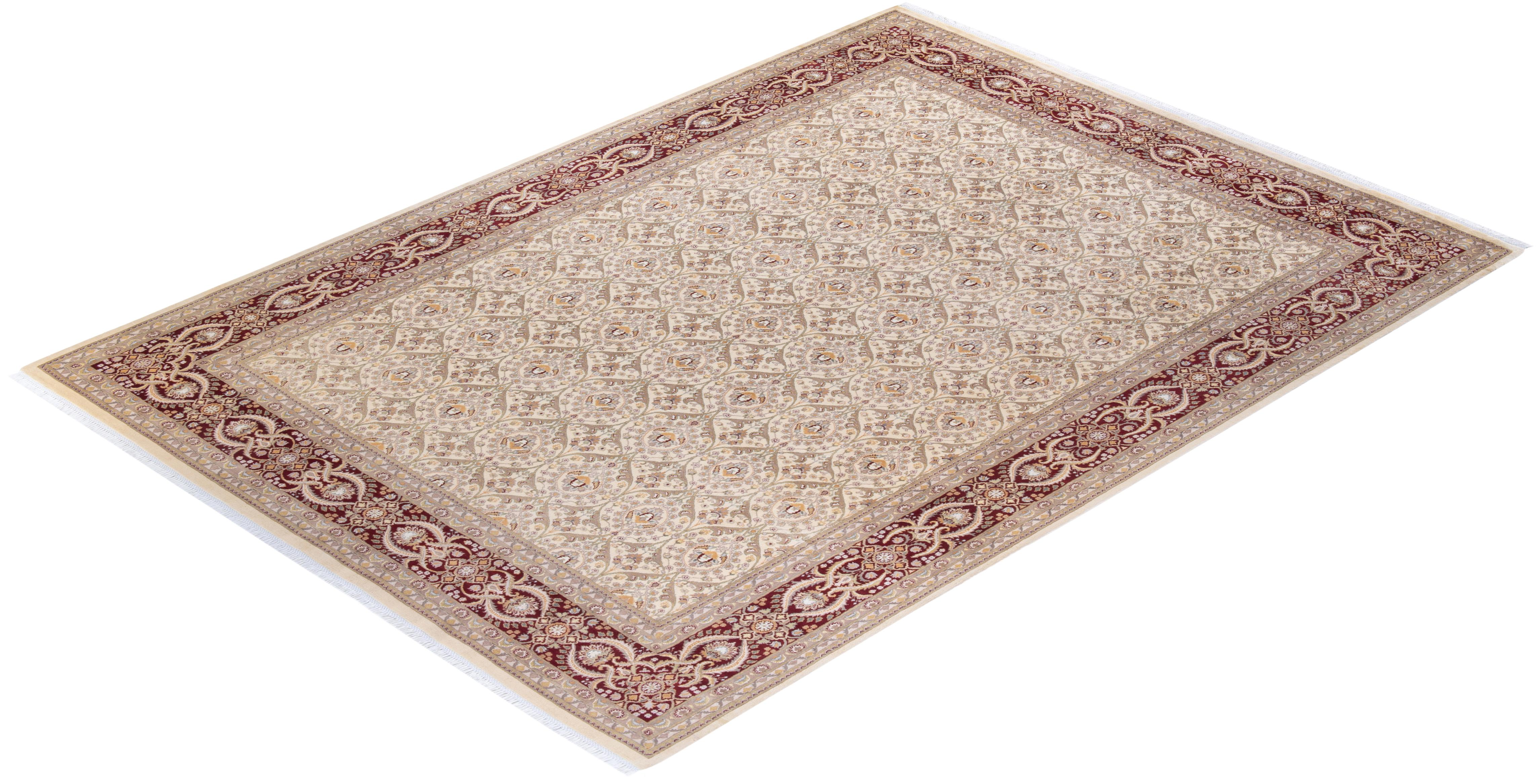 One of a Kind Hand Knotted Traditional Oriental Mogul Ivory Area Rug For Sale 2