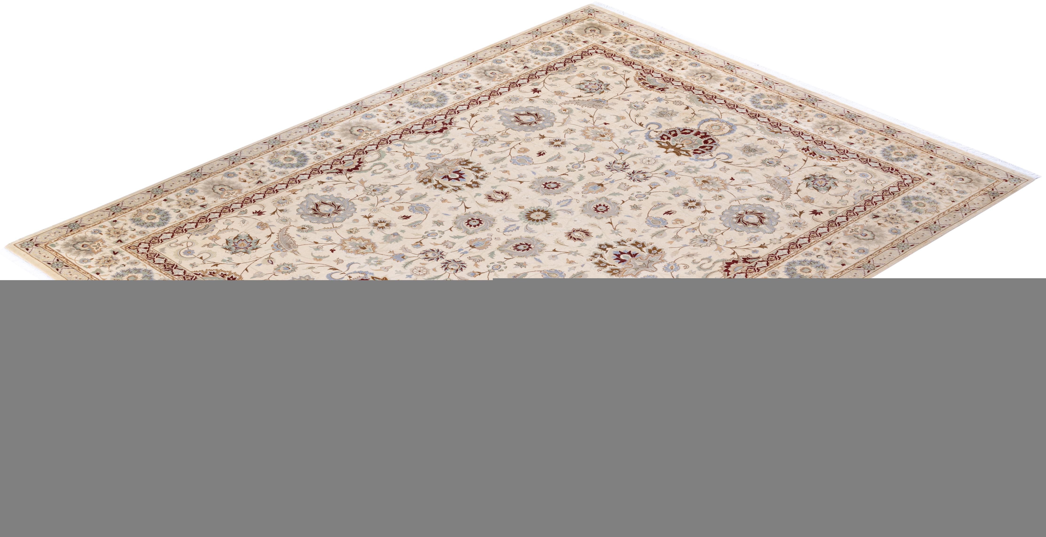 Einzigartiger handgeknpfter traditioneller orientalischer Mogul-Teppich in Elfenbein im Angebot 2