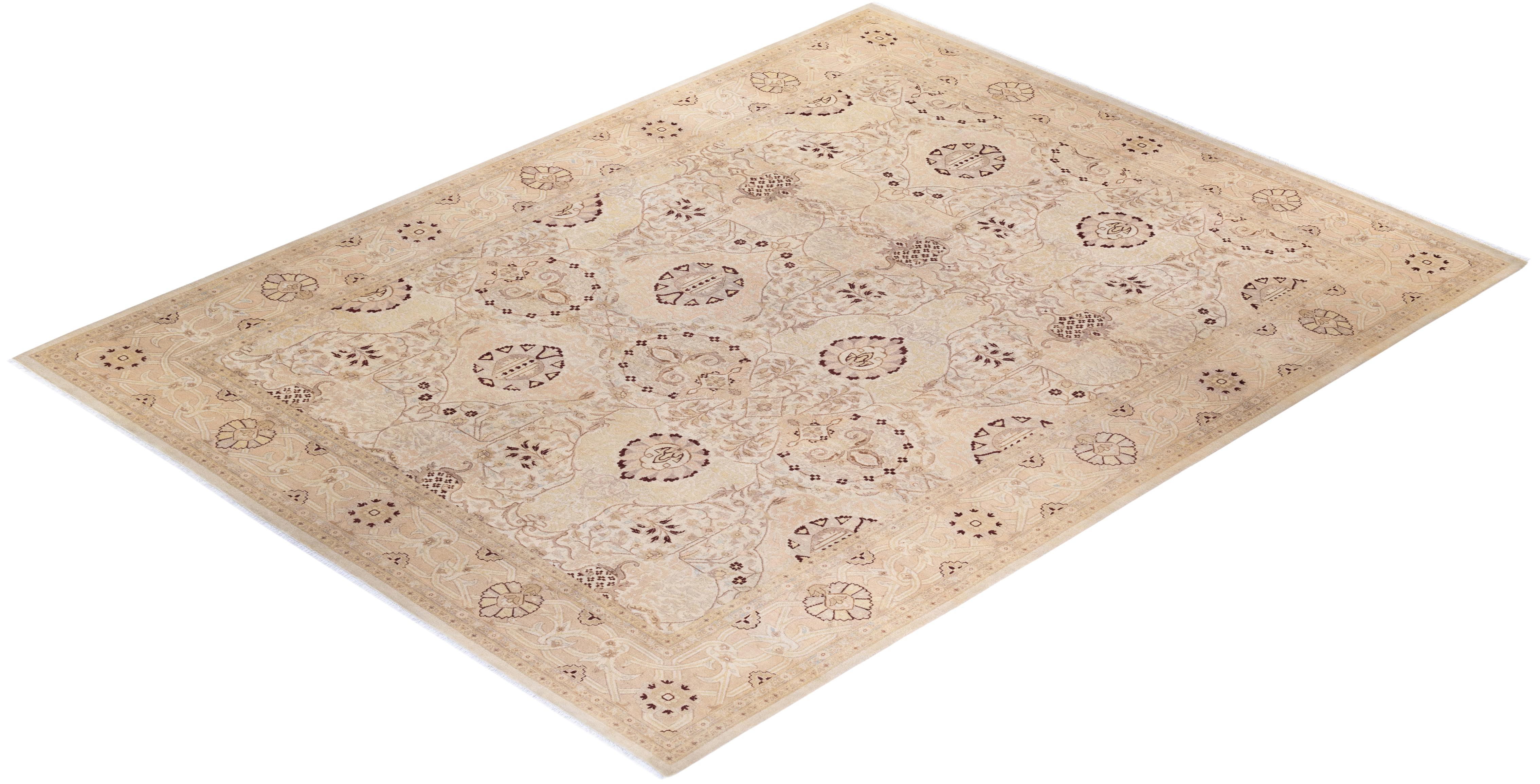One of a Kind Hand Knotted Traditional Oriental Mogul Ivory Area Rug For Sale 2