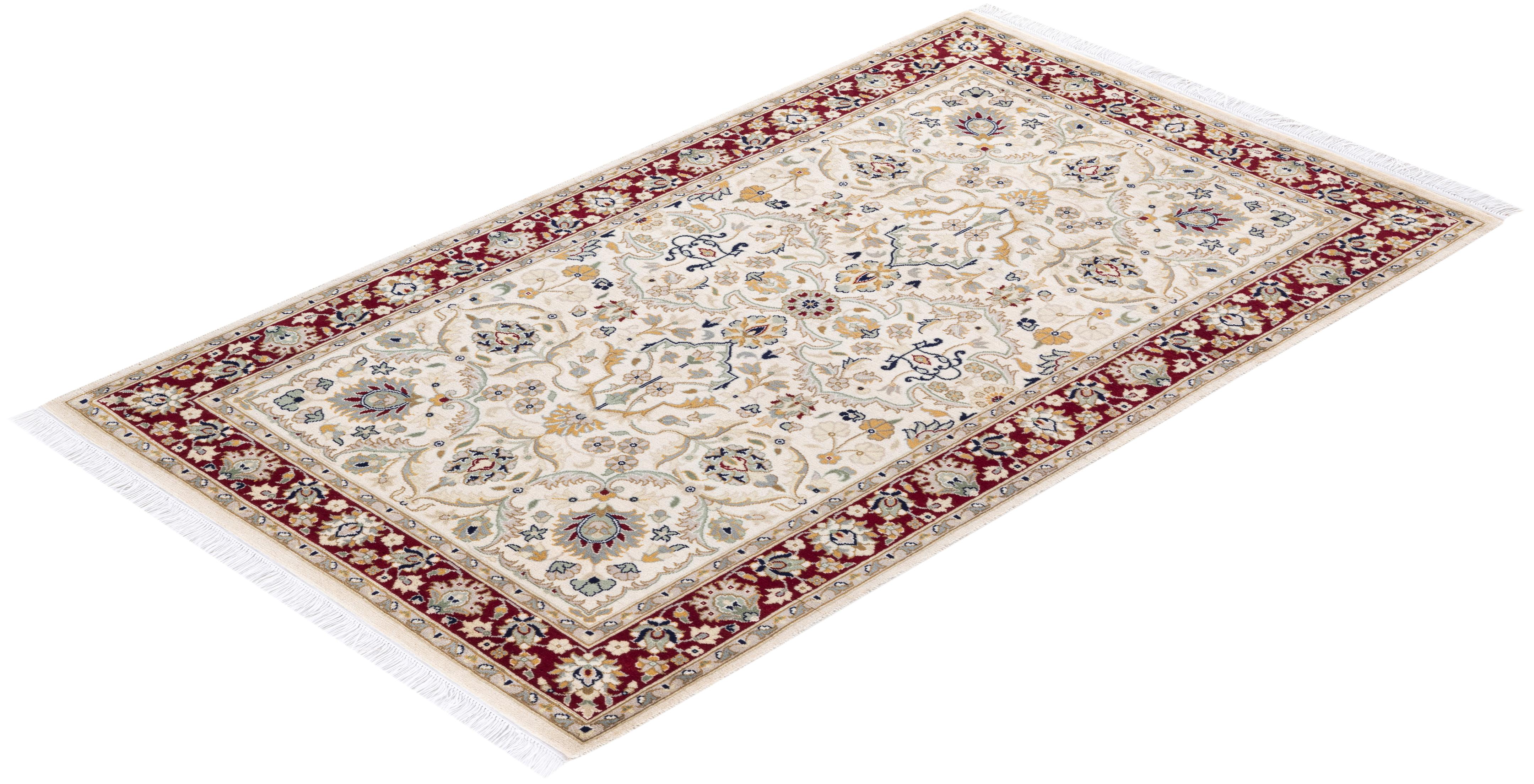 Einzigartiger handgeknpfter traditioneller orientalischer Mogul-Teppich in Elfenbein im Angebot 2
