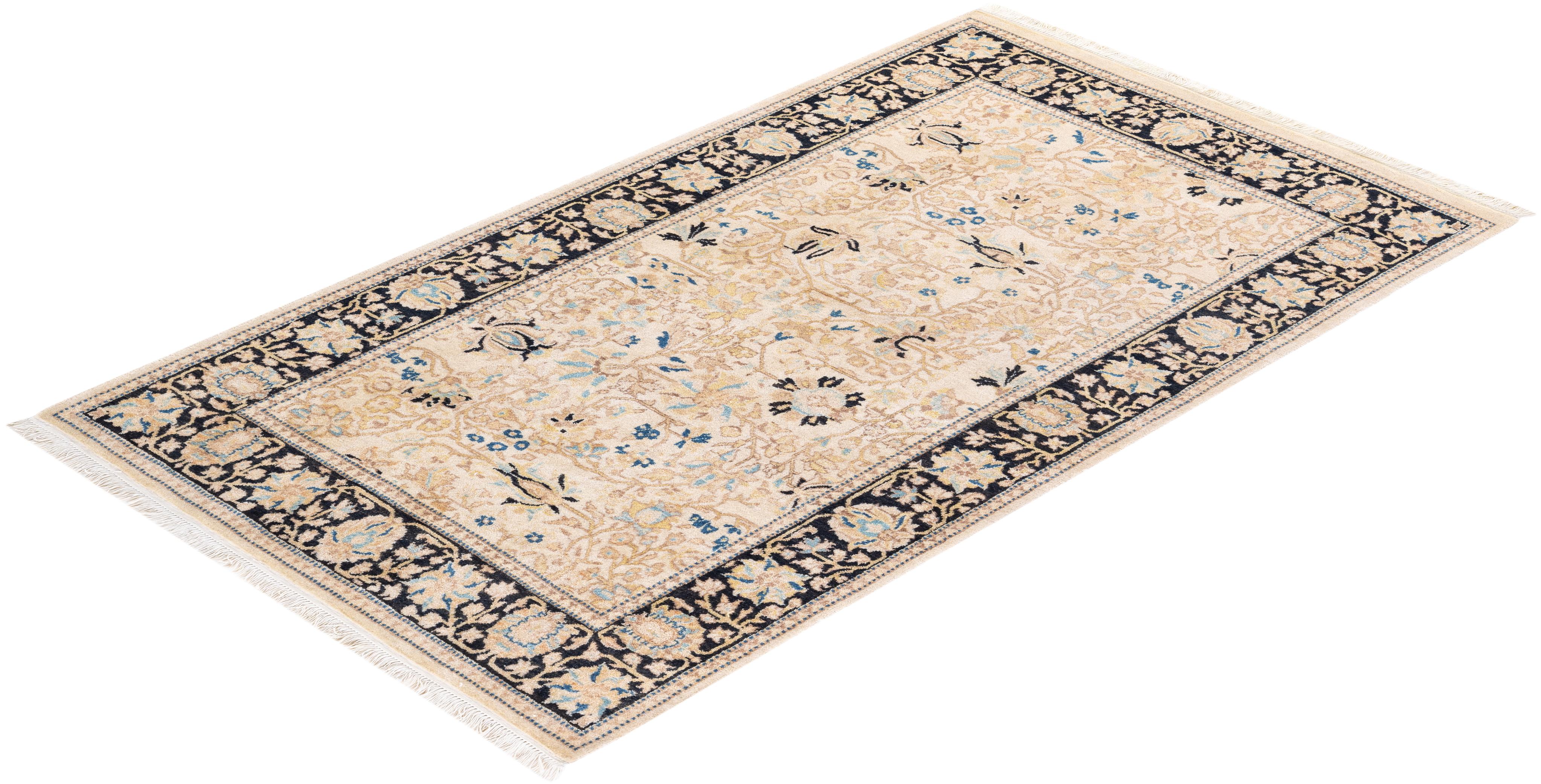 One of a Kind Hand Knotted Traditional Oriental Mogul Ivory Area Rug For Sale 2