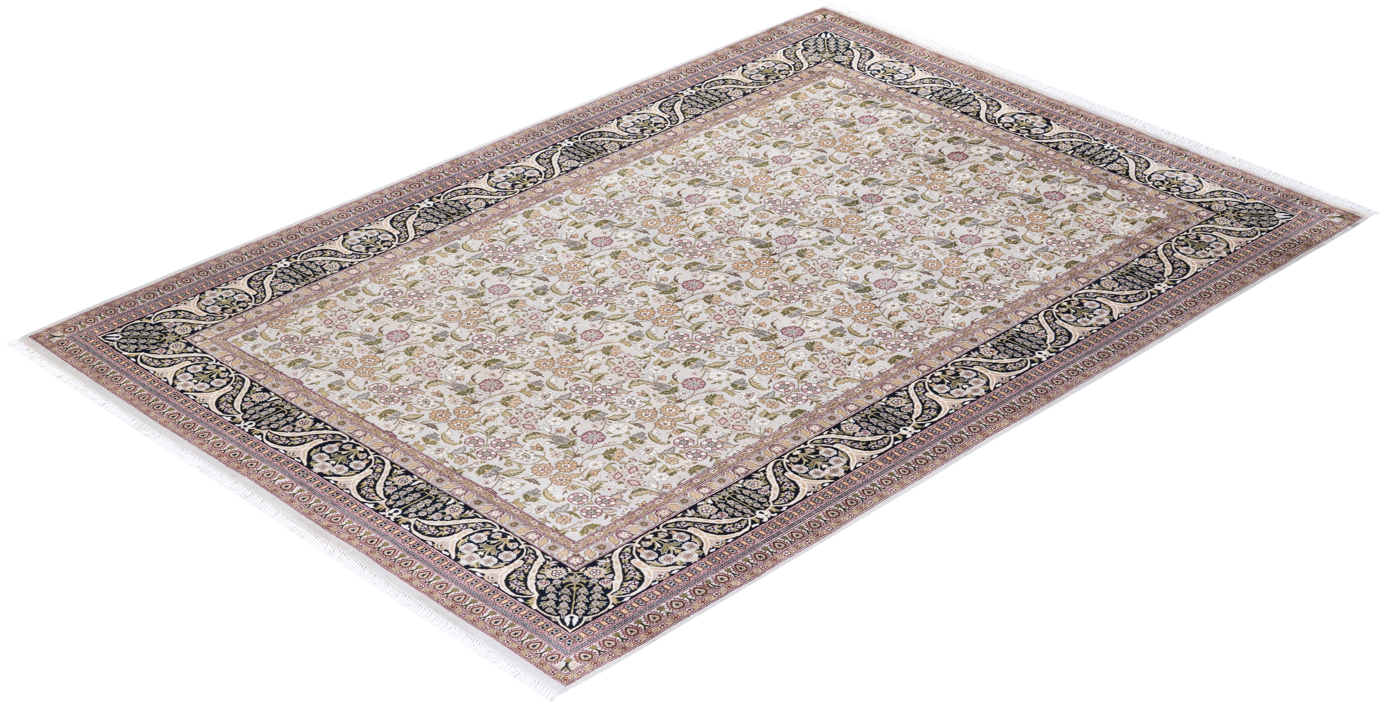 Einzigartiger handgeknpfter traditioneller orientalischer Mogul-Teppich in Elfenbein im Angebot 2