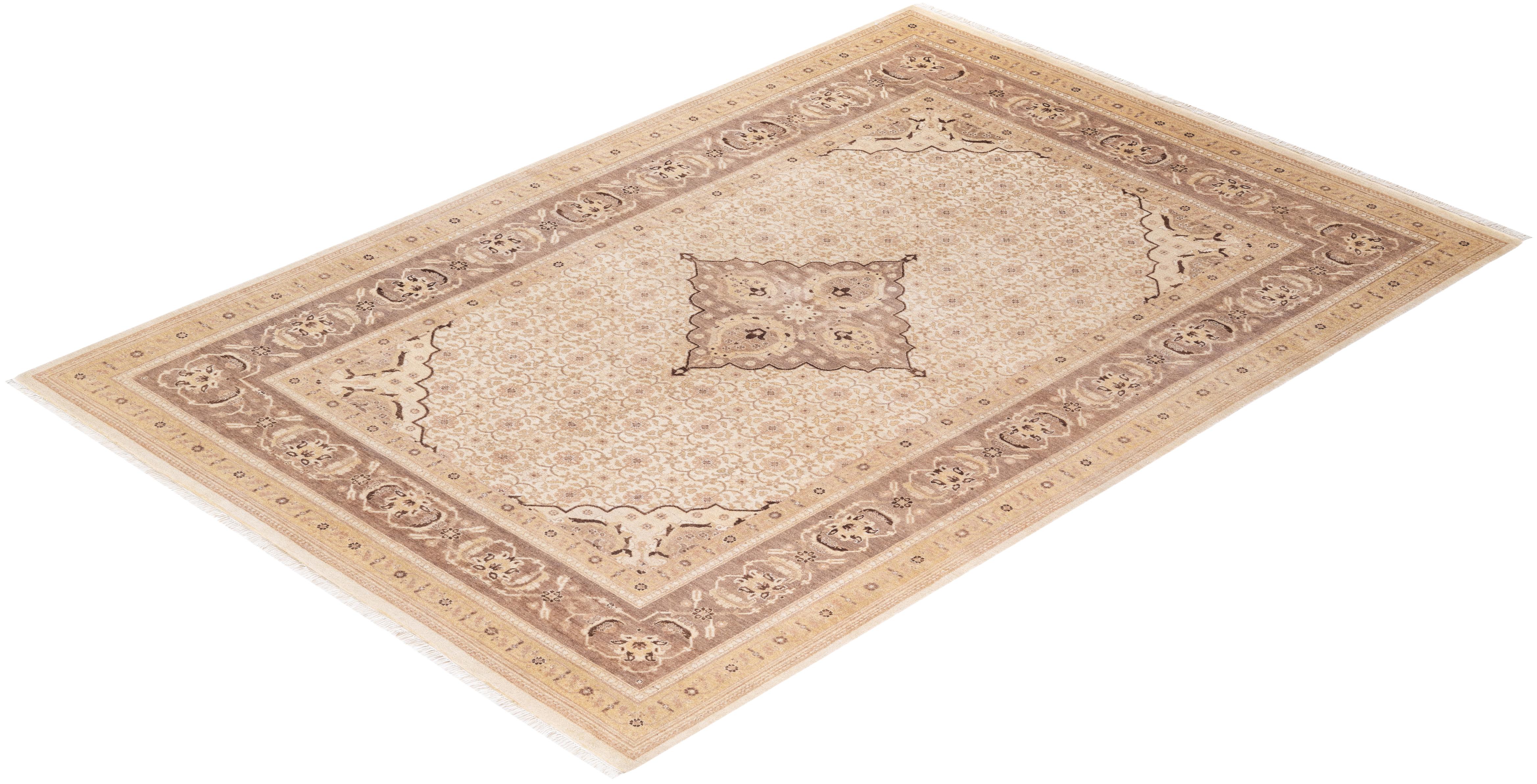 One of a Kind Hand Knotted Traditional Oriental Mogul Ivory Area Rug For Sale 2