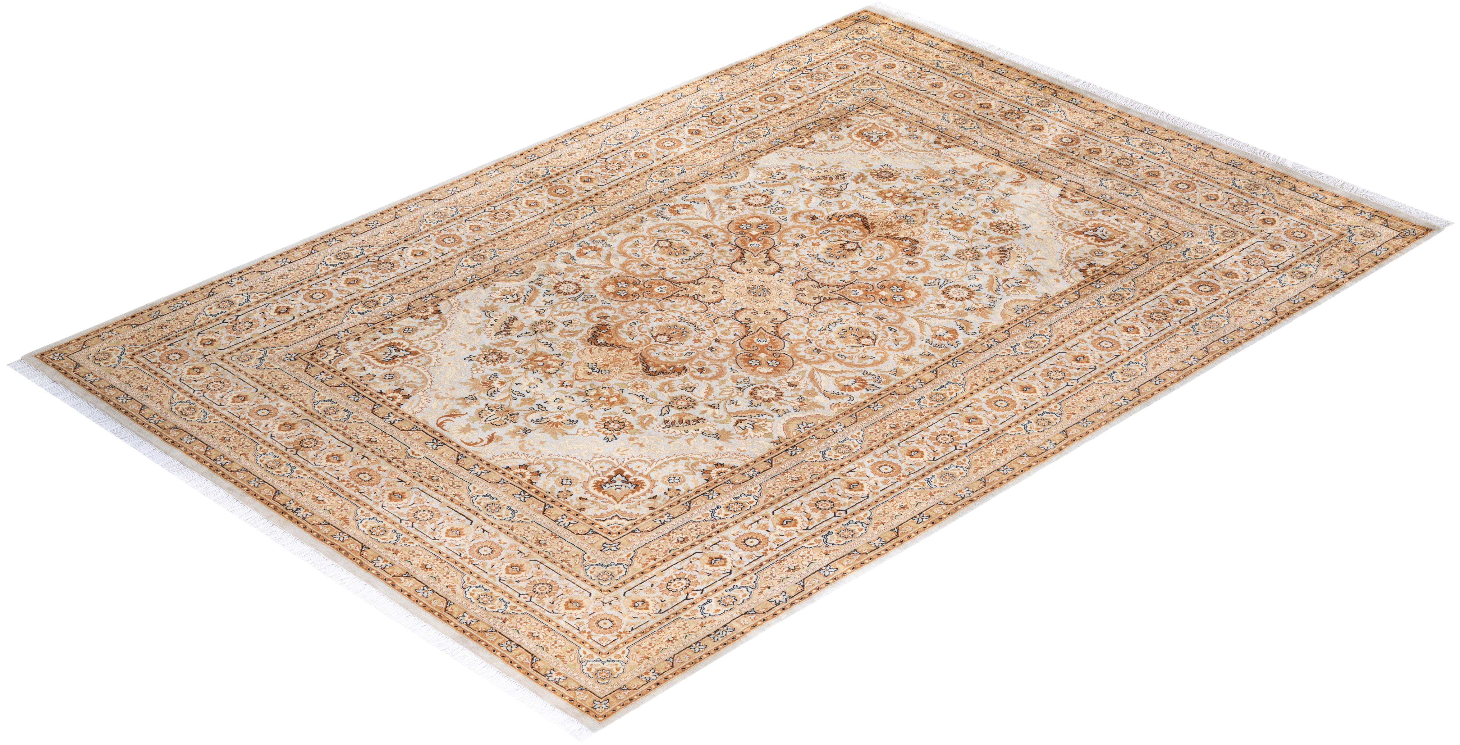 Einzigartiger handgeknpfter traditioneller orientalischer Mogul-Teppich in Elfenbein im Angebot 2