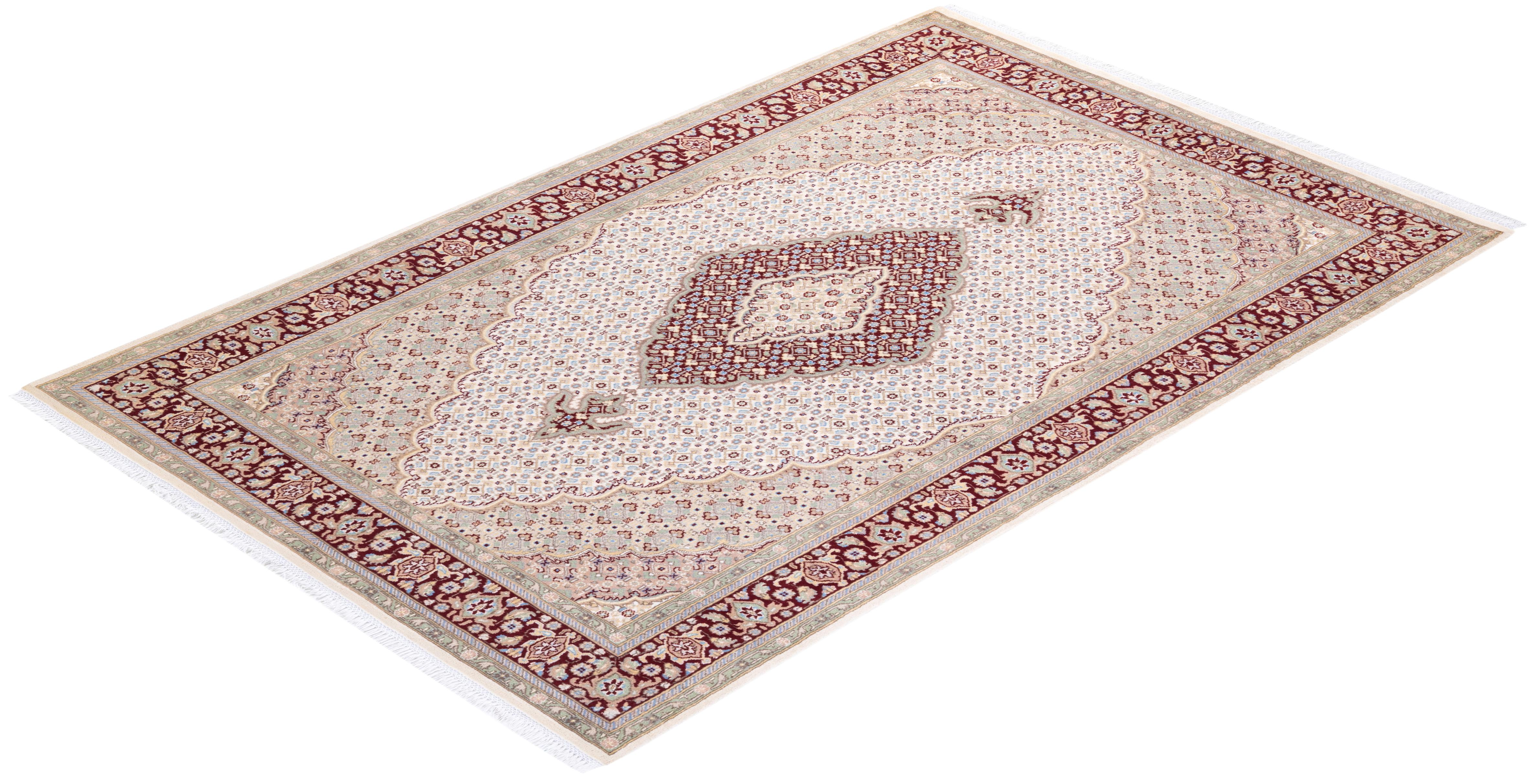 One of a Kind Hand Knotted Traditional Oriental Mogul Ivory Area Rug For Sale 2