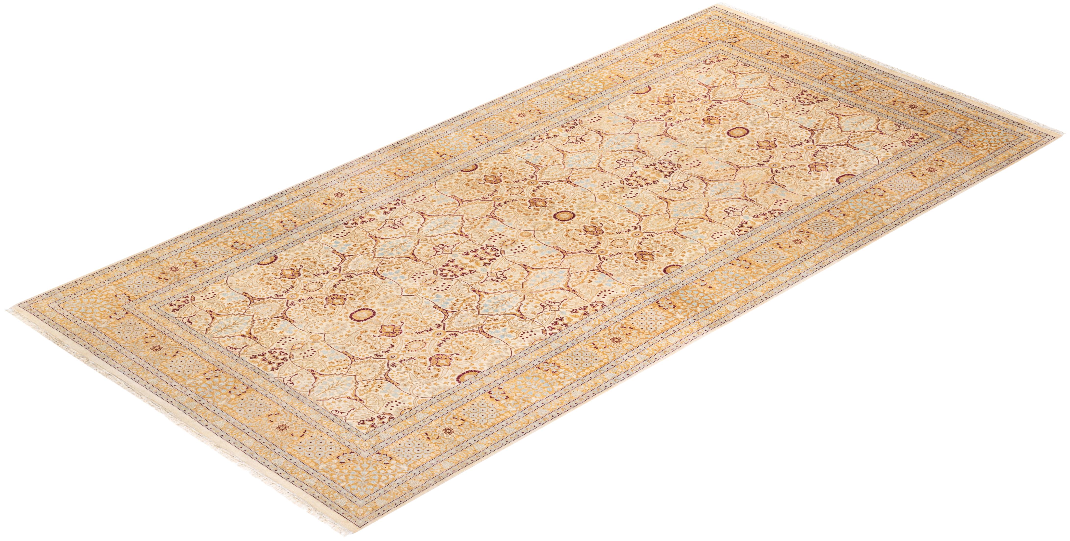 Einzigartiger handgeknpfter traditioneller orientalischer Mogul-Teppich in Elfenbein im Angebot 2