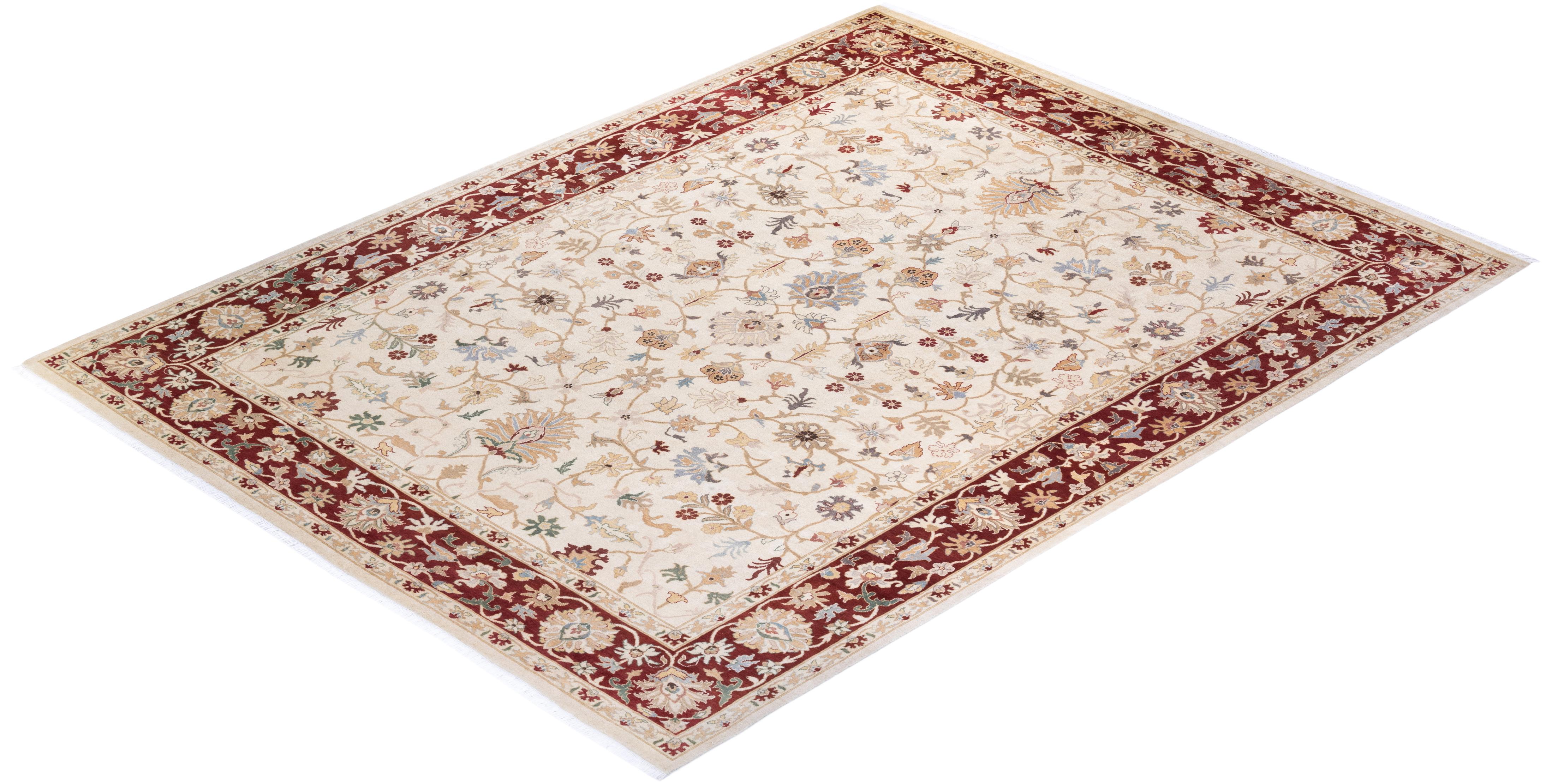 One of a Kind Hand Knotted Traditional Oriental Mogul Ivory Area Rug For Sale 2