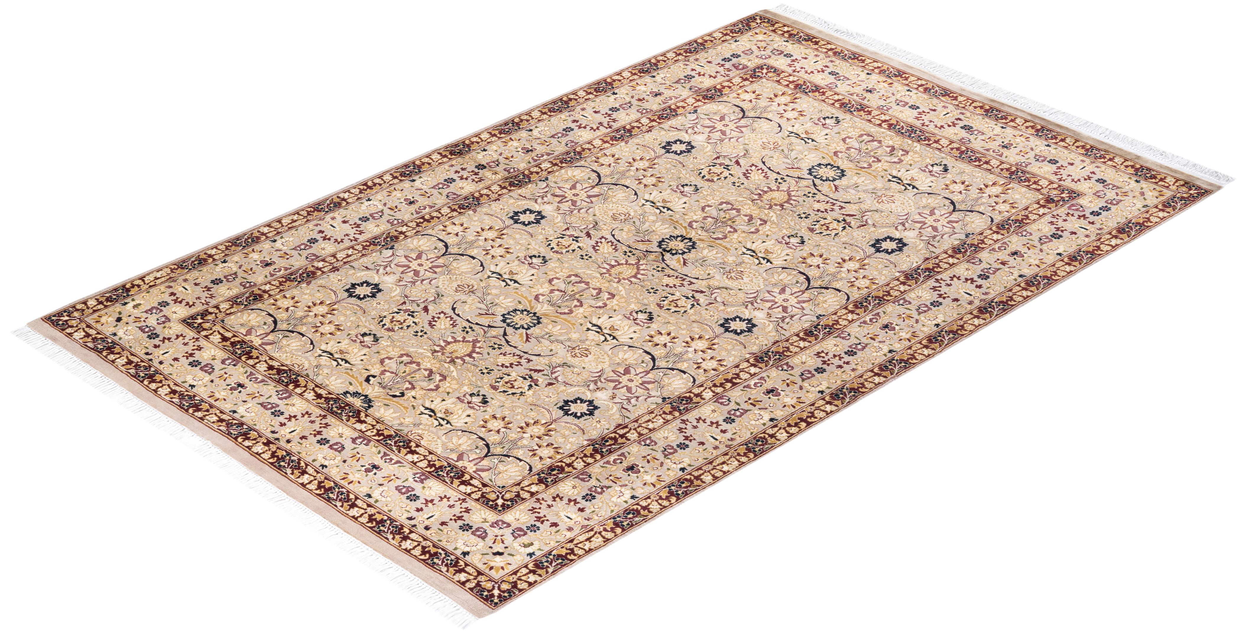 One of a Kind Hand Knotted Traditional Oriental Mogul Ivory Area Rug For Sale 2