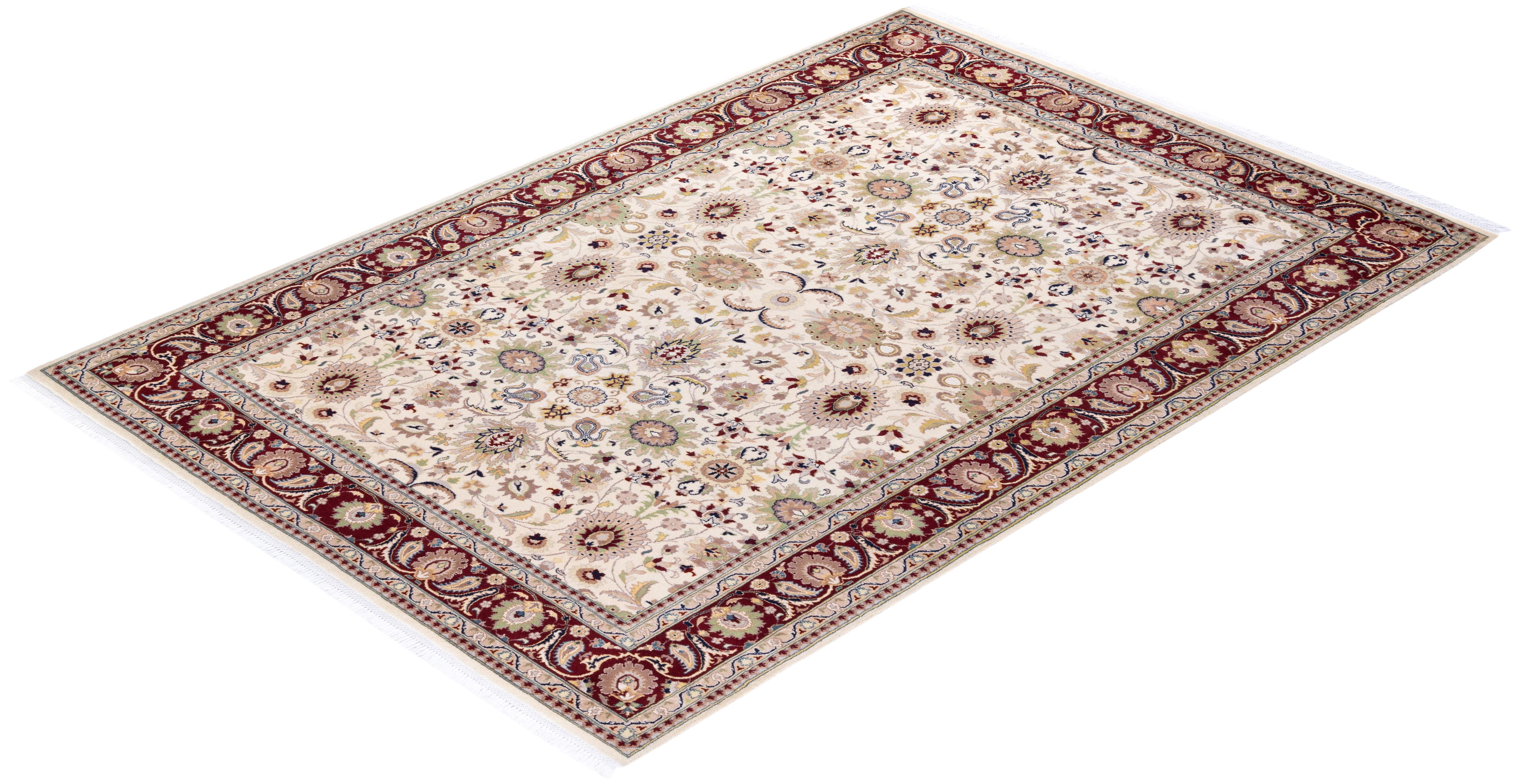One of a Kind Hand Knotted Traditional Oriental Mogul Ivory Area Rug For Sale 2