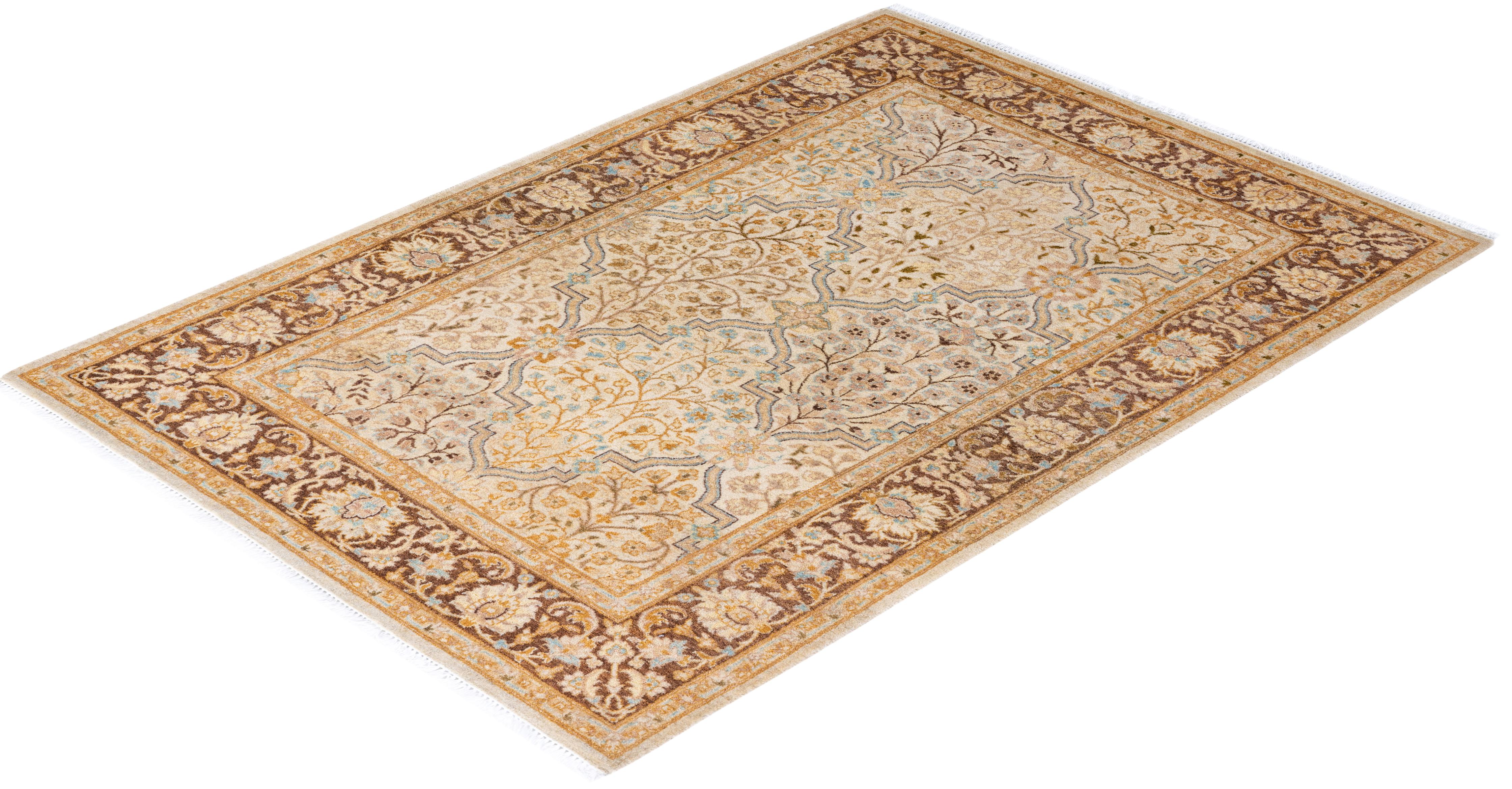 One of a Kind Hand Knotted Traditional Oriental Mogul Ivory Area Rug For Sale 2