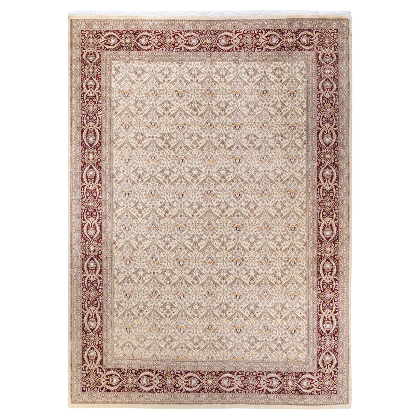 One of a Kind Hand Knotted Traditional Oriental Mogul Ivory Area Rug For Sale