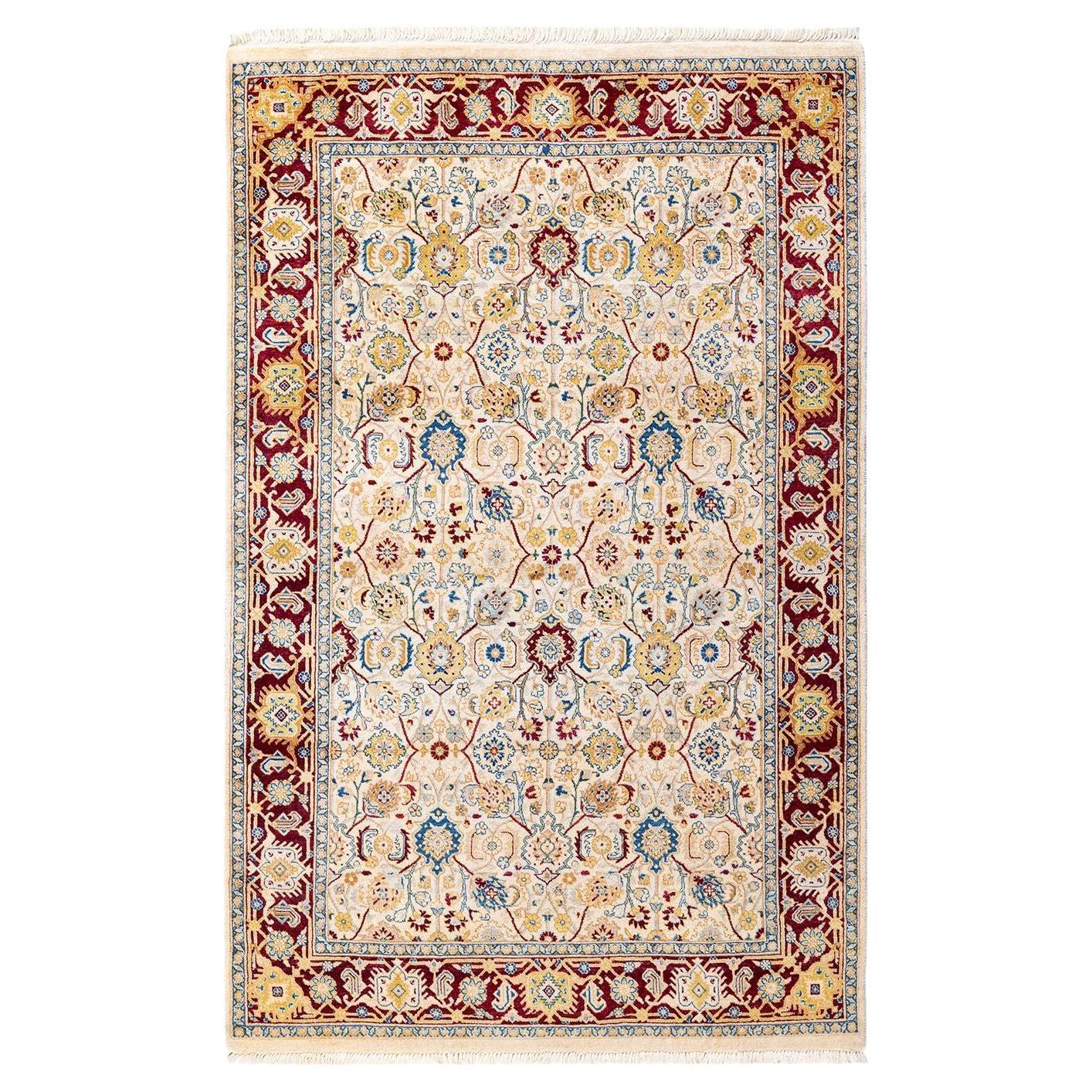One of a Kind Hand Knotted Traditional Oriental Mogul Ivory Area Rug