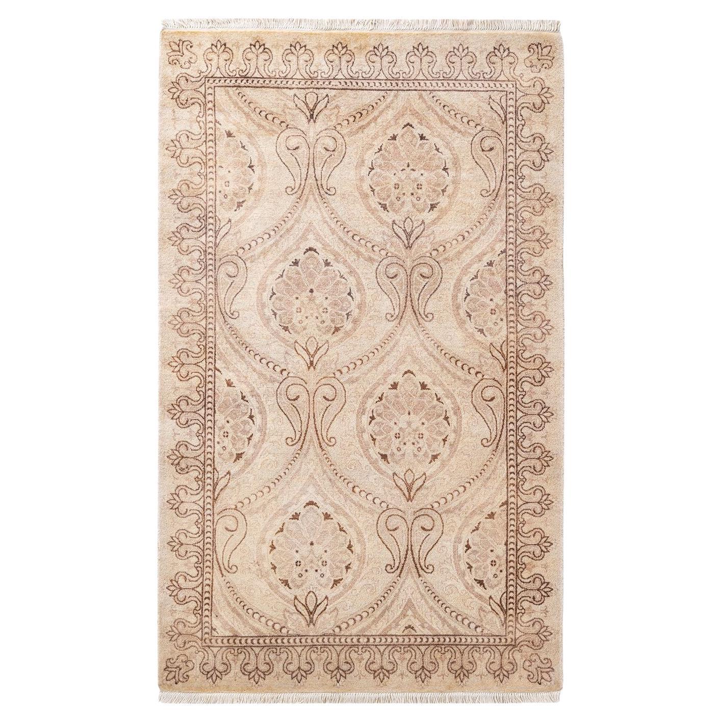 One of a Kind Hand Knotted Traditional Oriental Mogul Ivory Area Rug For Sale