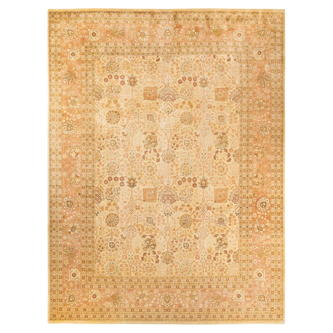 One of a Kind Hand Knotted Traditional Oriental Mogul Ivory Area Rug For Sale