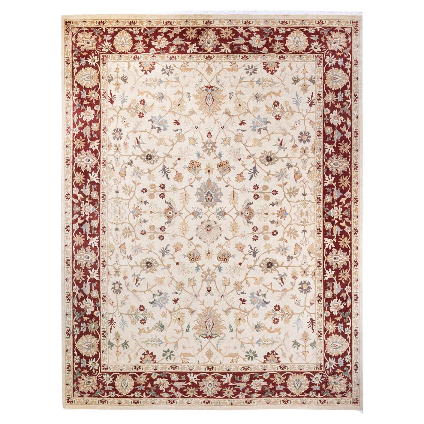 One of a Kind Hand Knotted Traditional Oriental Mogul Ivory Area Rug For Sale