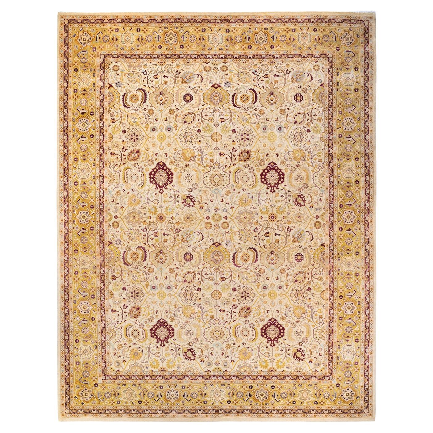 One of a Kind Hand Knotted Traditional Oriental Mogul Ivory Area Rug  For Sale
