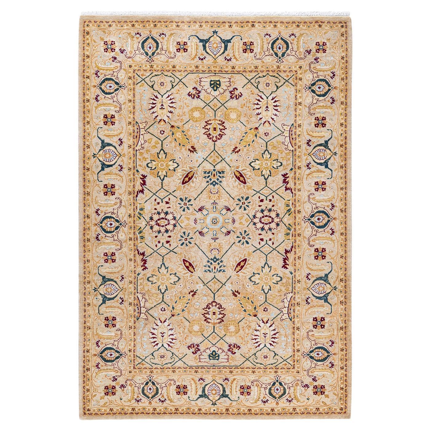 One of Kind Hand Knotted Traditional Oriental Mogul Ivory Area Rug For Sale