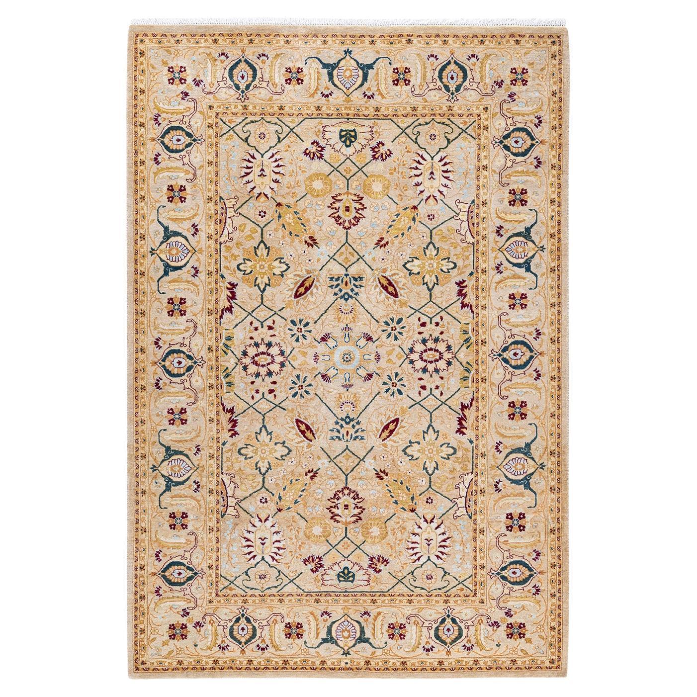 One of Kind Hand Knotted Traditional Oriental Mogul Ivory Area Rug