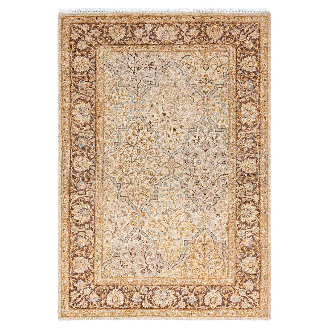 One of a Kind Hand Knotted Traditional Oriental Mogul Ivory Area Rug