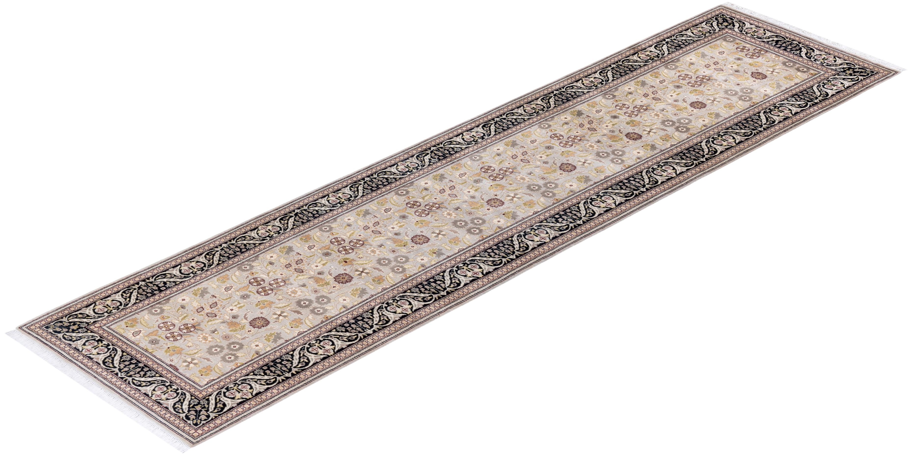 One of a Kind Hand Knotted Traditional Oriental Mogul Ivory Runner Area Rug For Sale 2