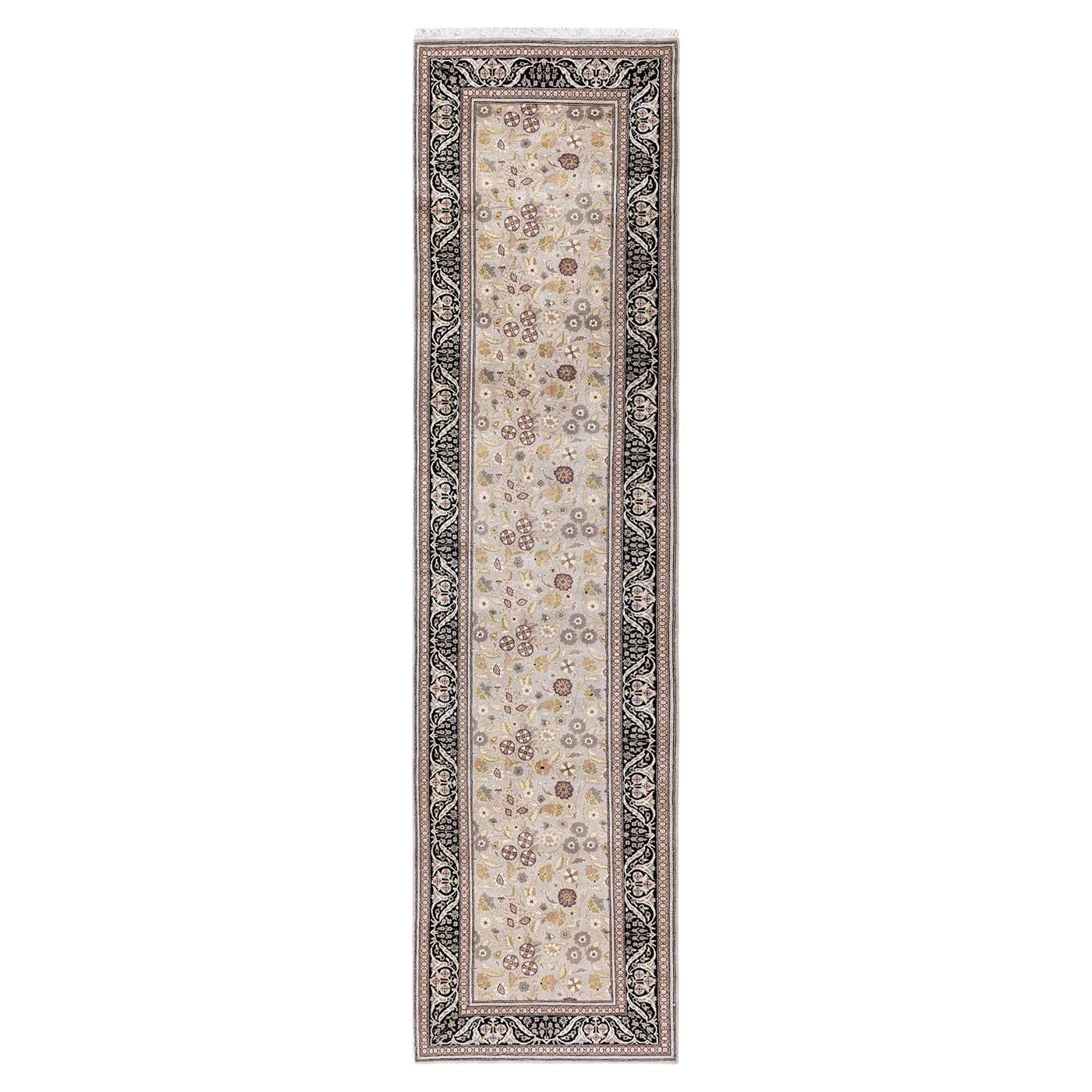 One of a Kind Hand Knotted Traditional Oriental Mogul Ivory Runner Area Rug For Sale