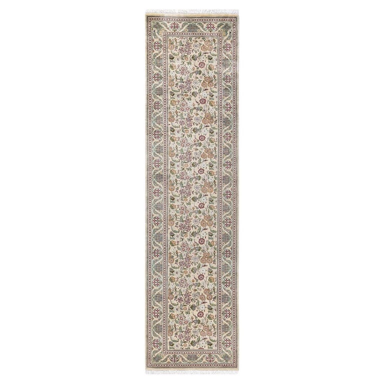 One of a Kind Hand Knotted Traditional Oriental Mogul Ivory Runner Area ...