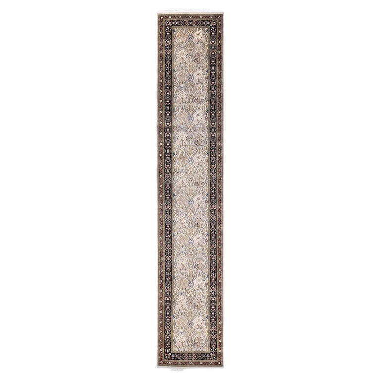 One of a Kind Hand Knotted Traditional Oriental Mogul Ivory Runner Area ...
