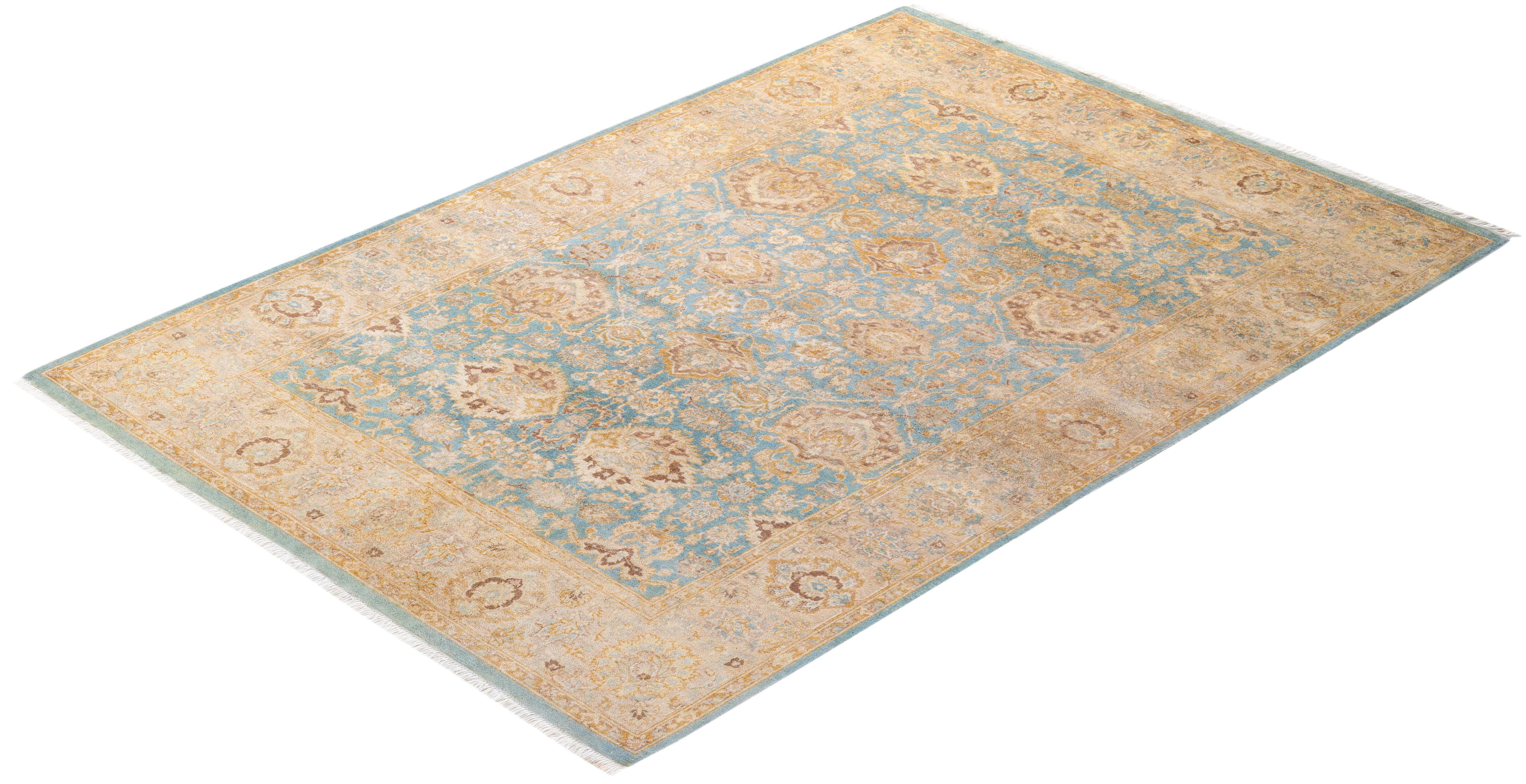 One of a Kind Hand Knotted Traditional Oriental Mogul Light Blue Area Rug For Sale 2
