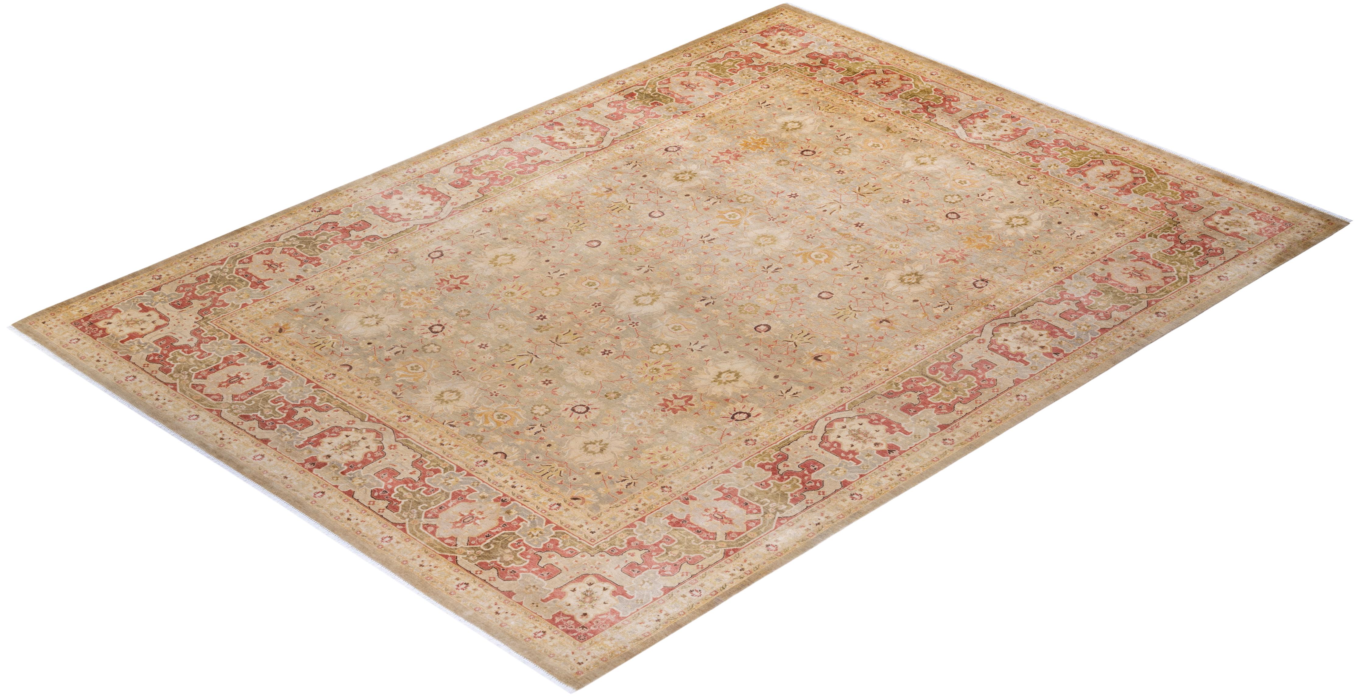 Einzigartiger handgeknpfter traditioneller orientalischer Mogul-Teppich in Hellgrau im Angebot 2