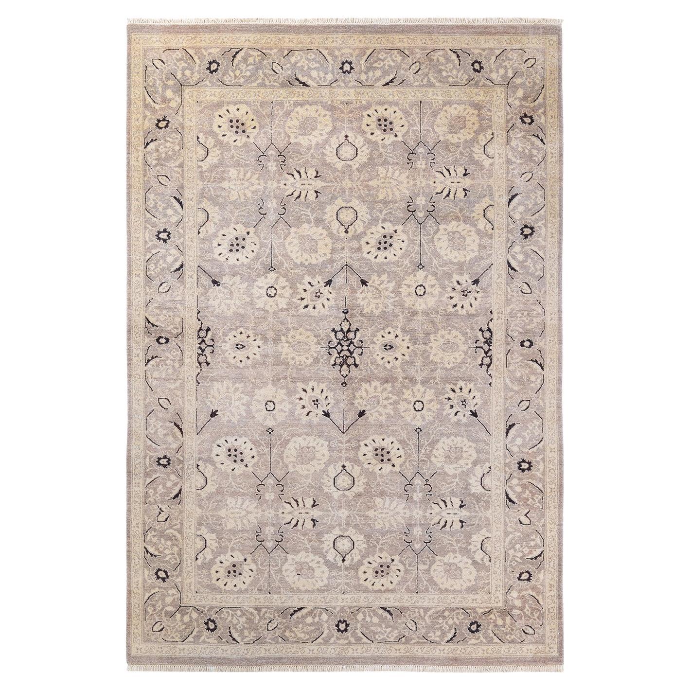 One of a Kind Hand Knotted Traditional Oriental Mogul Light Gray Area Rug
