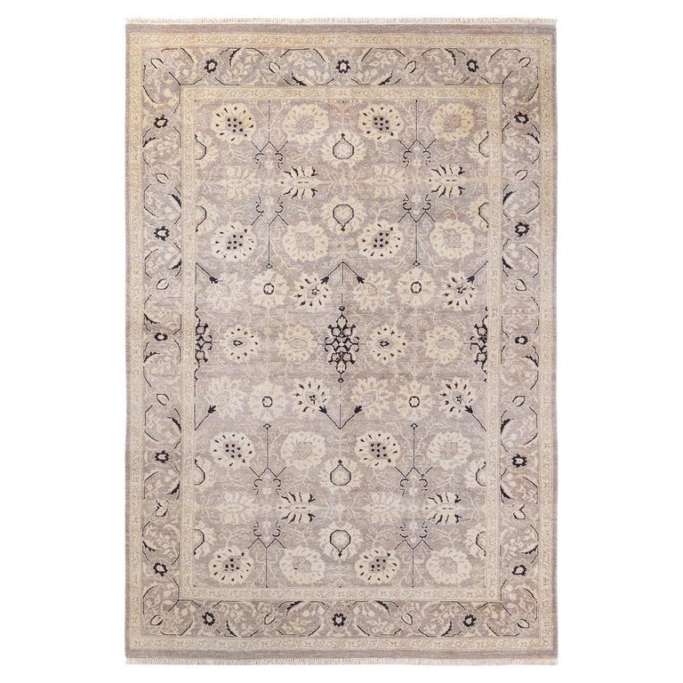 Light Traditional Rug One of a Kind Hand Knotted Traditional Oriental Mogul Light Gray Area ...