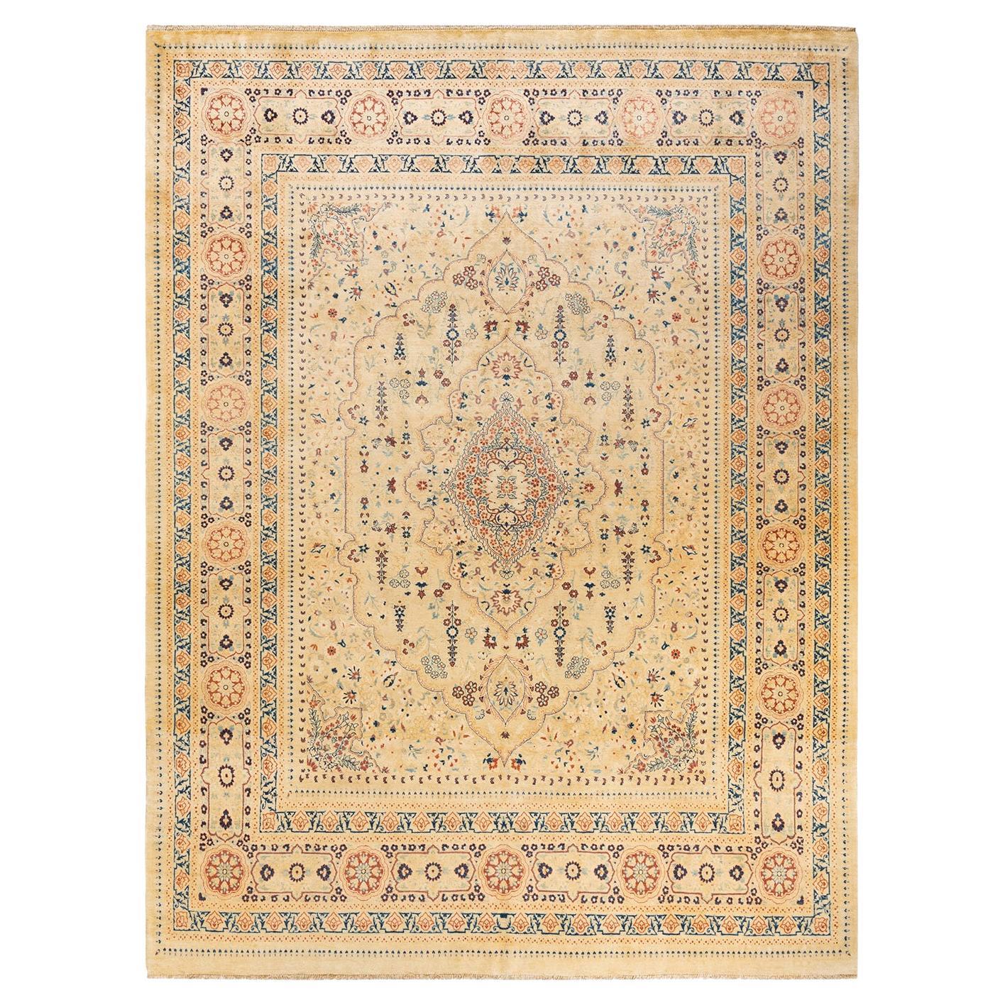 Tapis traditionnel oriental orange moghol noué à la main, unique en son genre