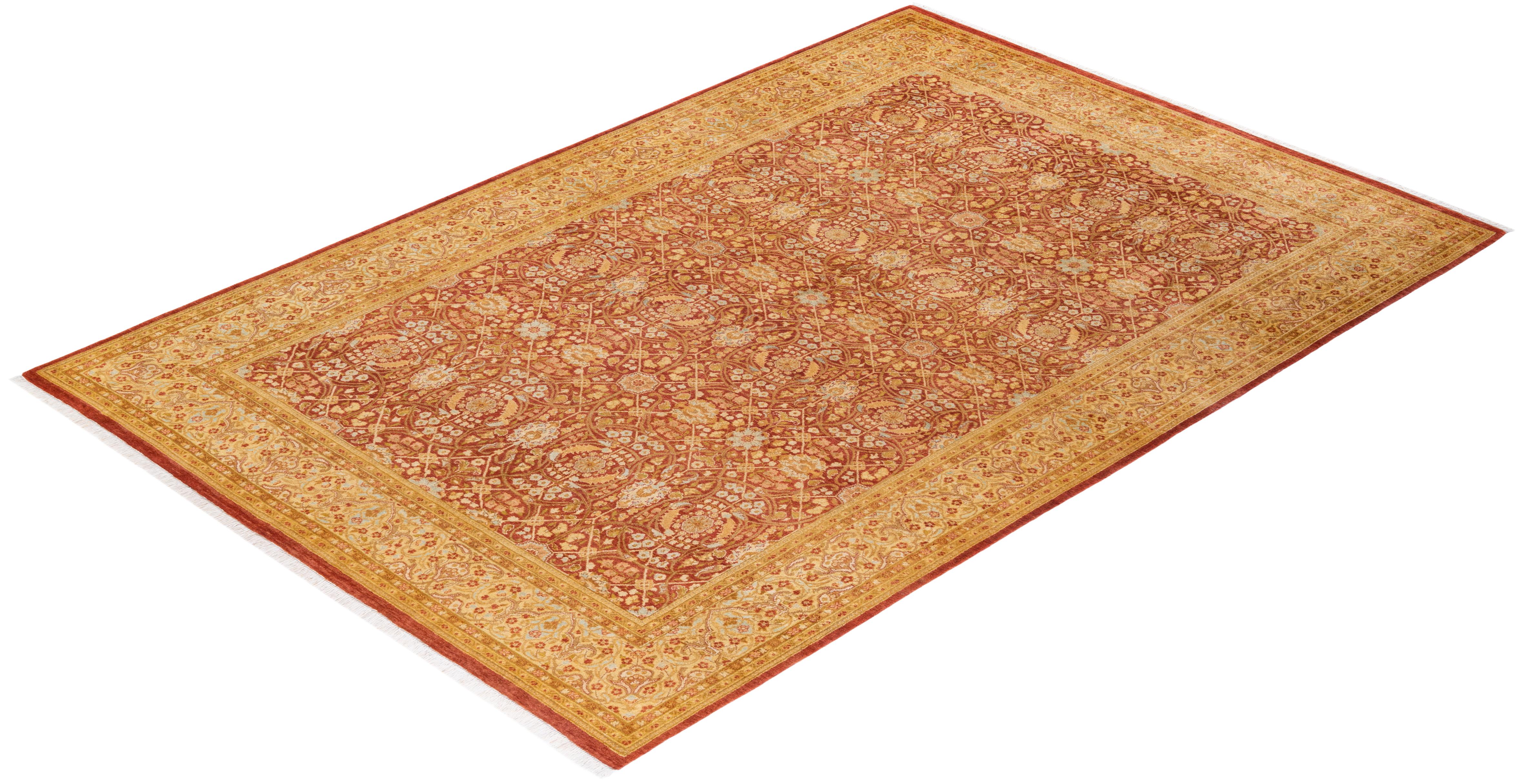 Einzigartiger, handgeknpfter, traditioneller Orientalischer Mogul-Teppich in Orange im Angebot 2