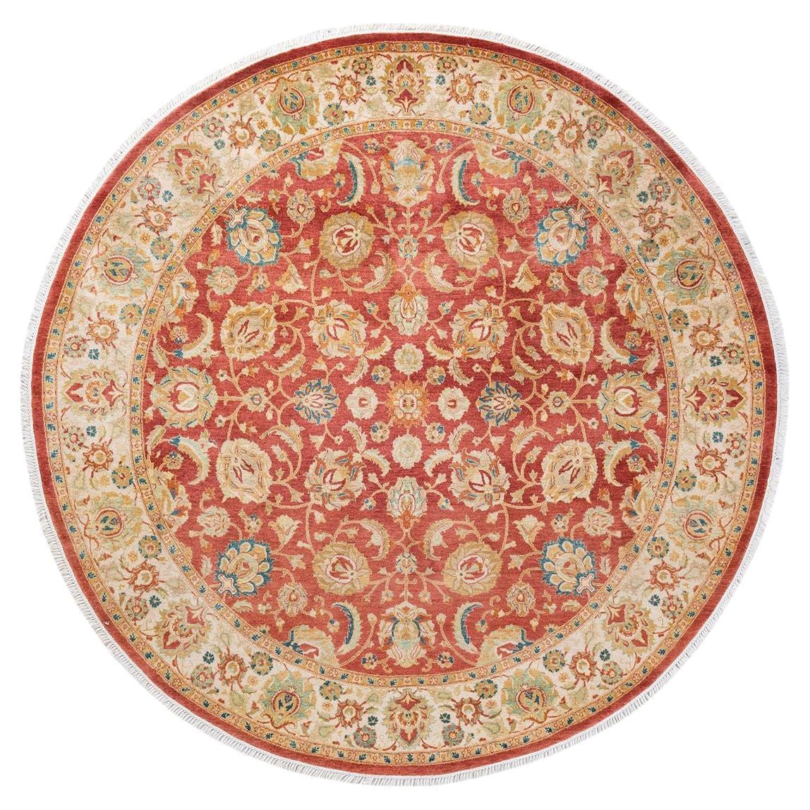 One of a Kind Hand Knotted Traditional Oriental Mogul Orange Round Area Rug For Sale