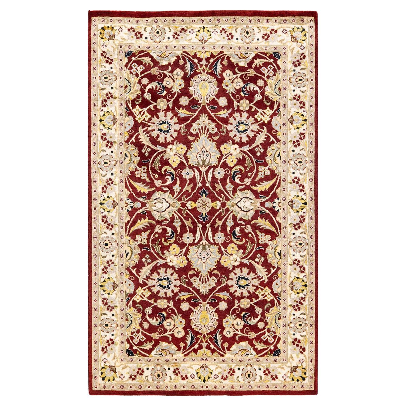 Tapis traditionnel oriental rouge moghol noué à la main, unique en son genre