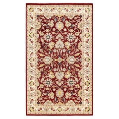 Tapis traditionnel oriental rouge moghol noué à la main, unique en son genre