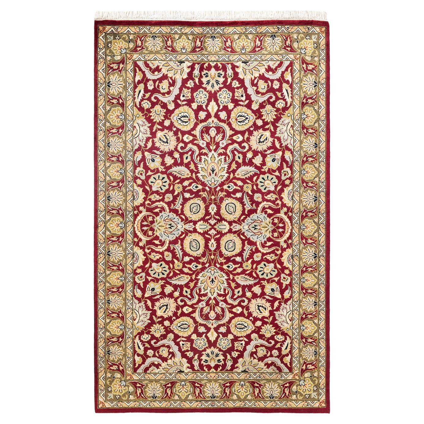 Tapis traditionnel oriental rouge moghol noué à la main, unique en son genre