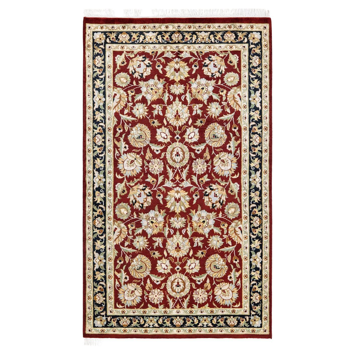 One-Of-A-Kind Hand Knotted Traditional Oriental Mogul Red Area Rug 3' 1" x 5' 3" For Sale