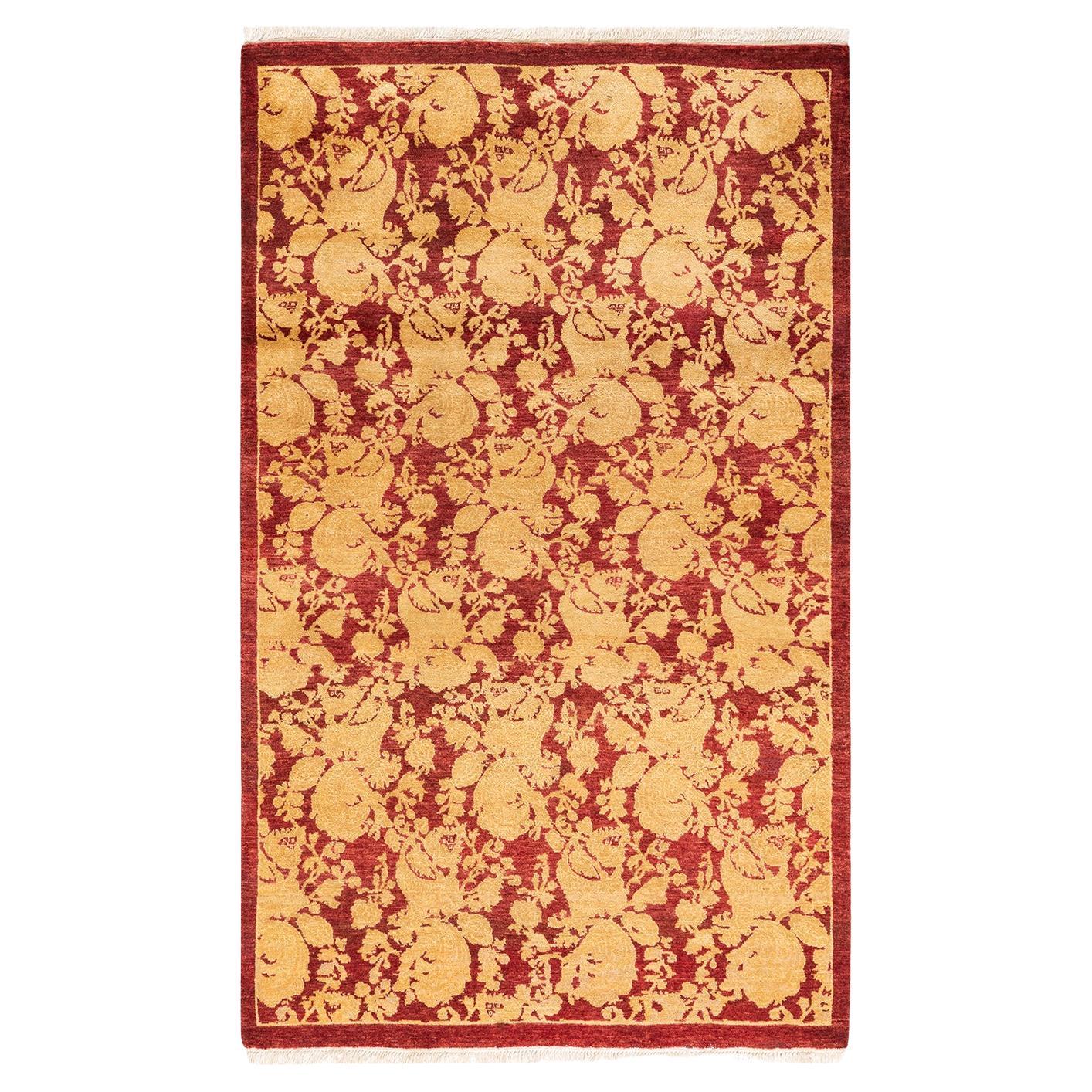 One-Of-A-Kind Hand Knotted Traditional Oriental Mogul Red Area Rug 3' 2" x 5' 3" For Sale