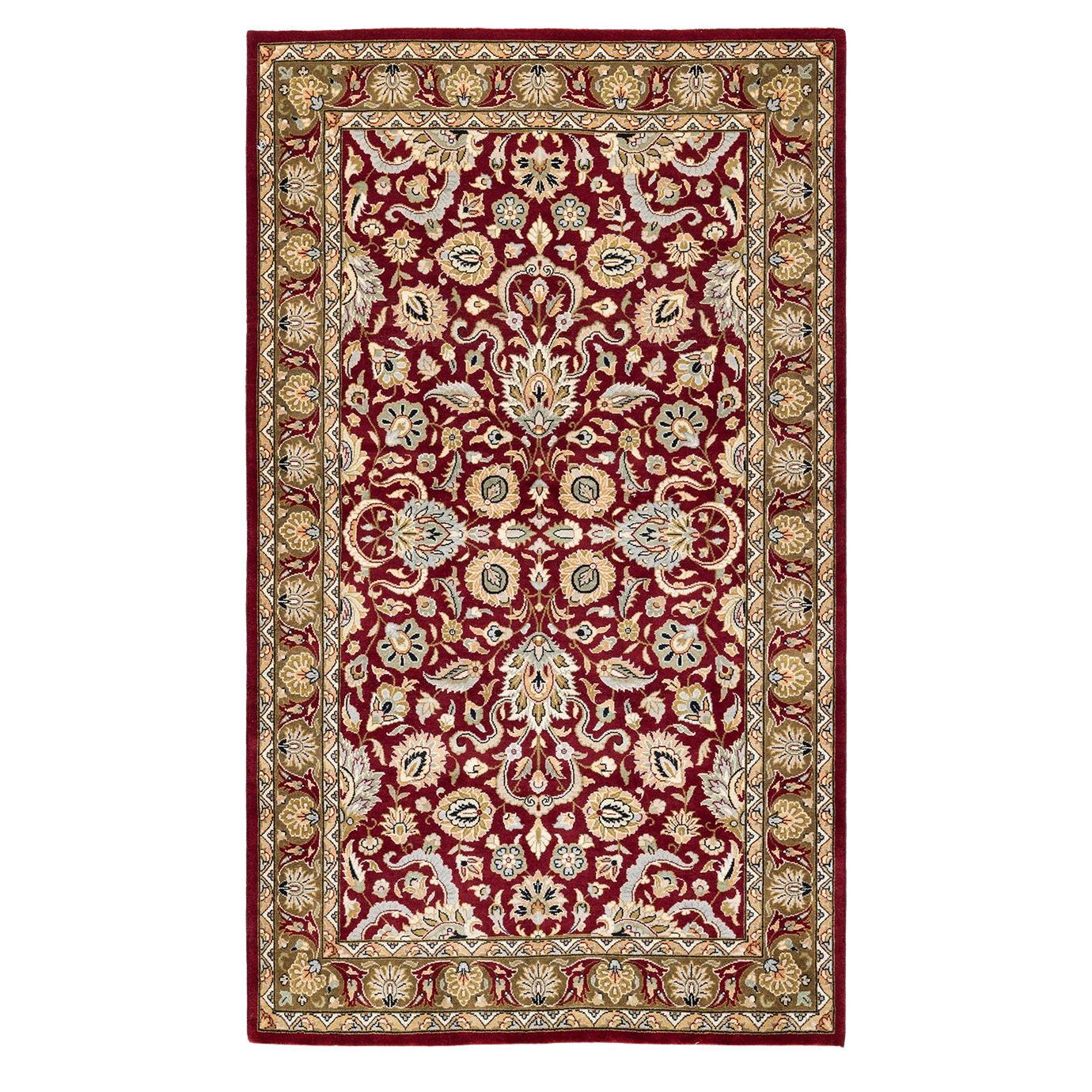 Tapis traditionnel oriental rouge moghol noué à la main, unique en son genre