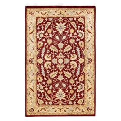 Tapis traditionnel oriental rouge moghol noué à la main, unique en son genre
