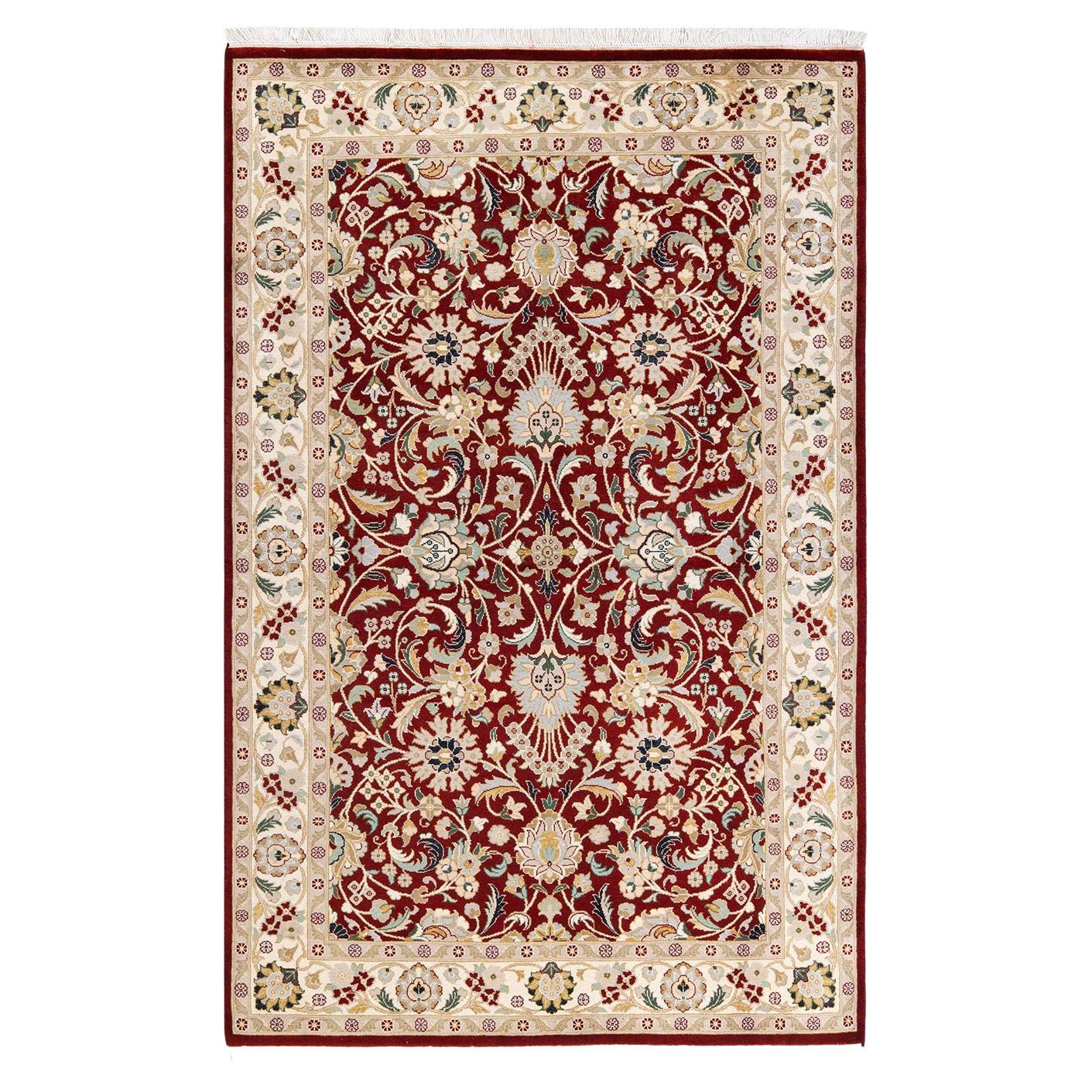 Tapis traditionnel oriental rouge moghol noué à la main, unique en son genre en vente