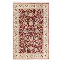 Tapis traditionnel oriental rouge moghol noué à la main, unique en son genre