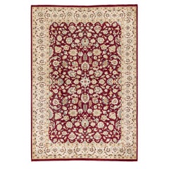 Tapis traditionnel oriental rouge moghol noué à la main, unique en son genre