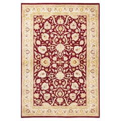 Tapis traditionnel oriental rouge moghol noué à la main, unique en son genre