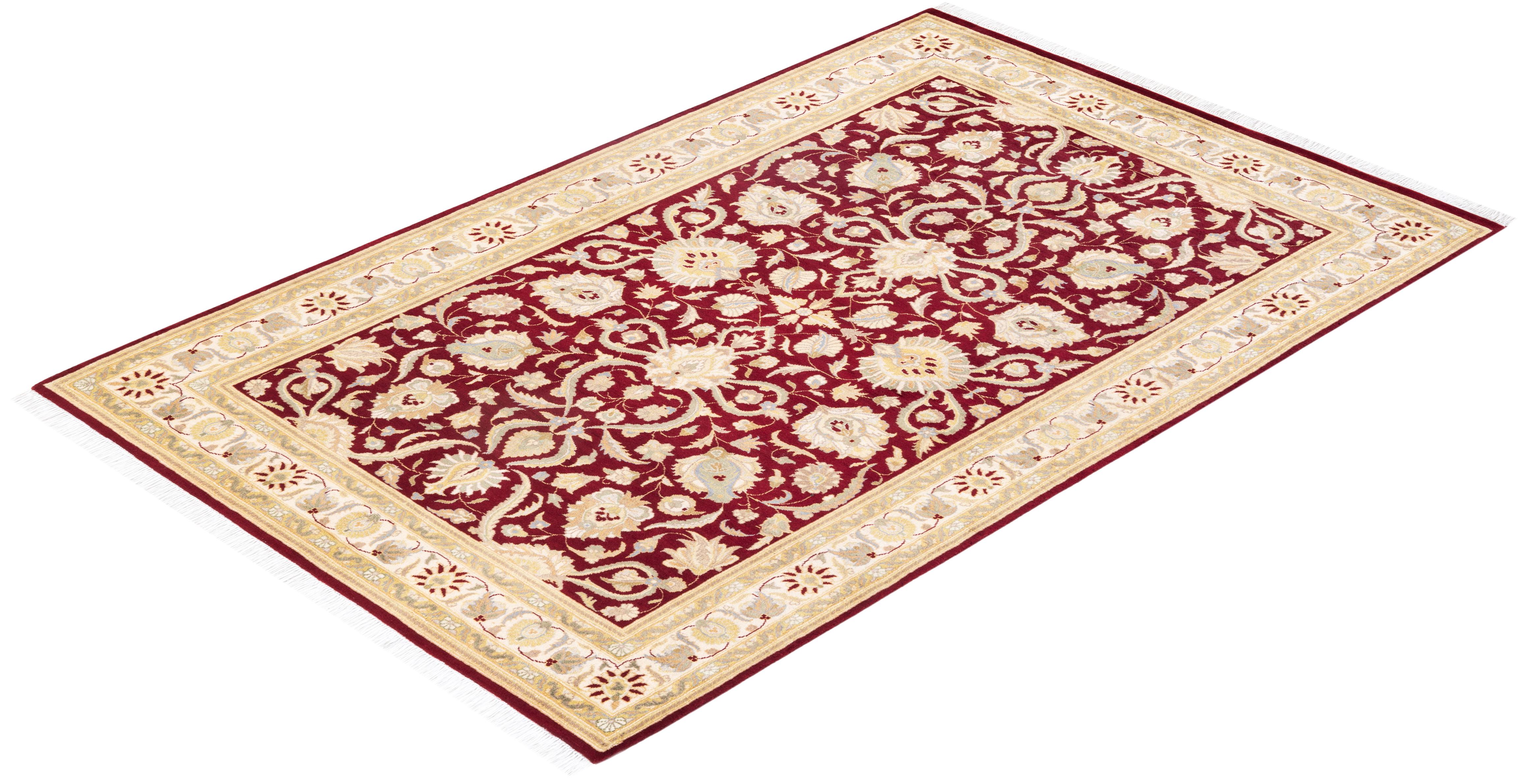 Tapis traditionnel rouge oriental noué à la main, unique en son genre, de 4' 2